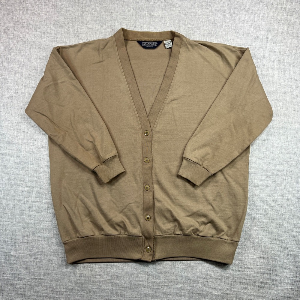 Vintage 90s Lands' End Tan Cotton Cardigan Women Small USA Made Lightweight Knit - Picture 1 of 8